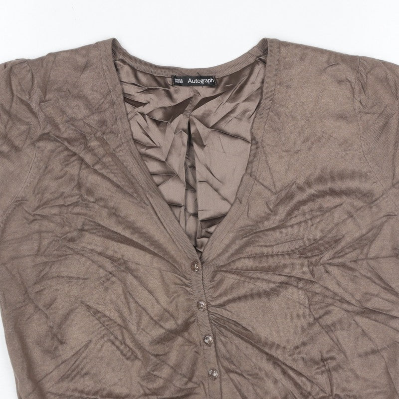 M&S Autograph Women Brown UK 12 V-Neck Ruffle Button Cardigan