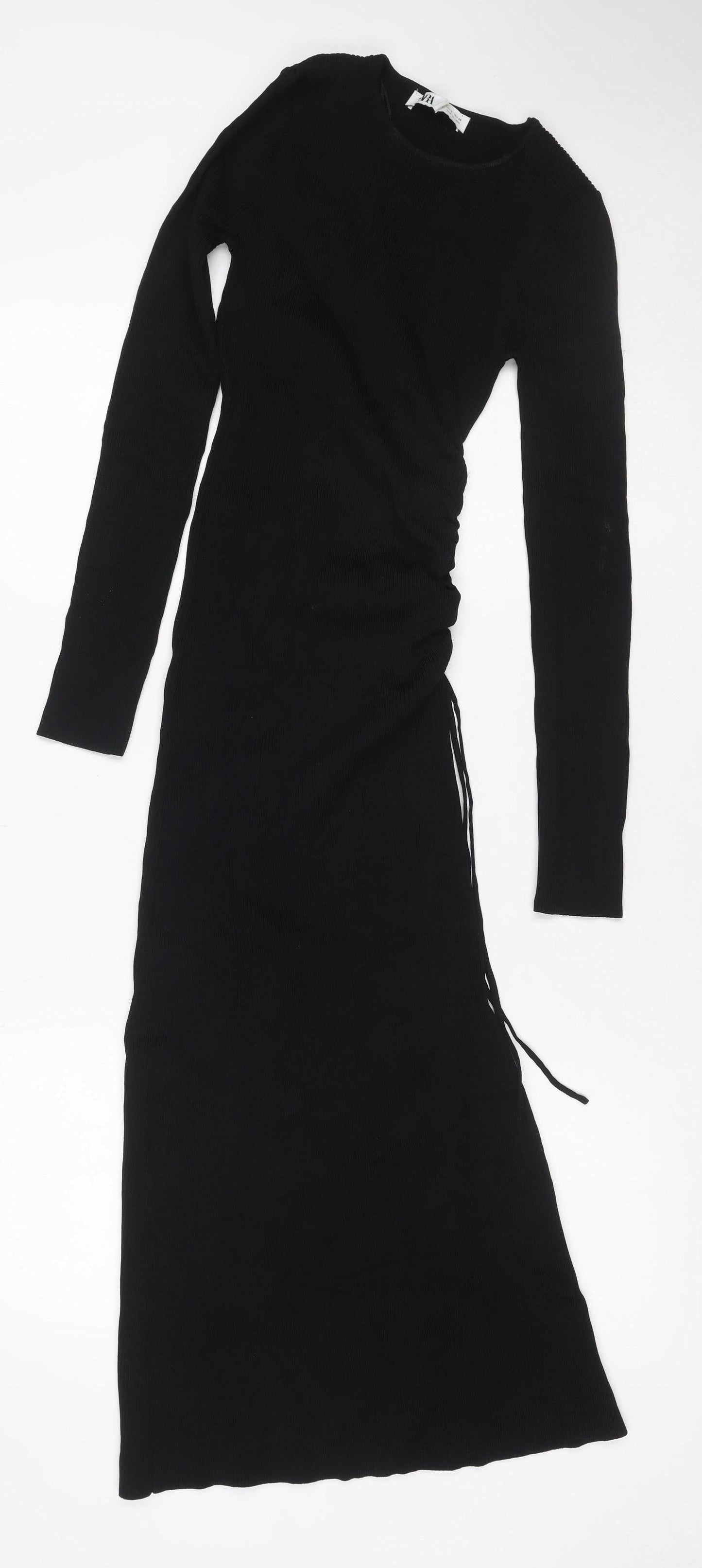 MII Women’s Black S Maxi Bodycon Ribbed Knit Long Sleeve Dress