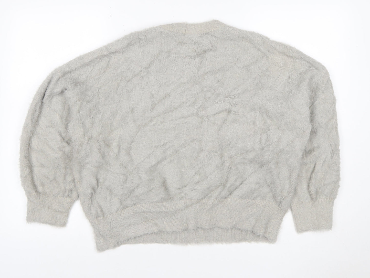Zara Women’s Grey Fuzzy Cable Knit Crew Neck Jumper Size M