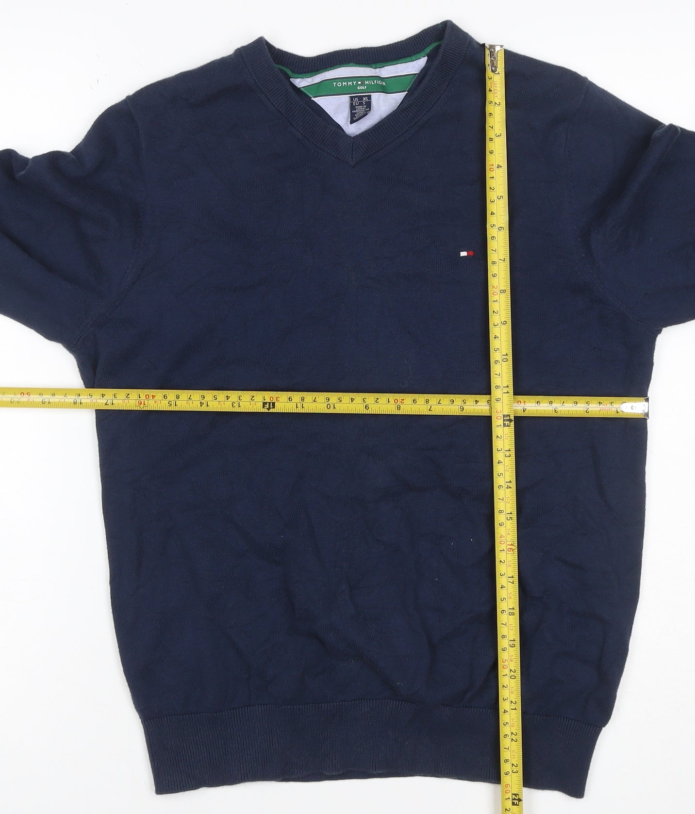 Tommy Hilfiger Men’s Blue XS V-Neck Cotton Golf Pullover Jumper