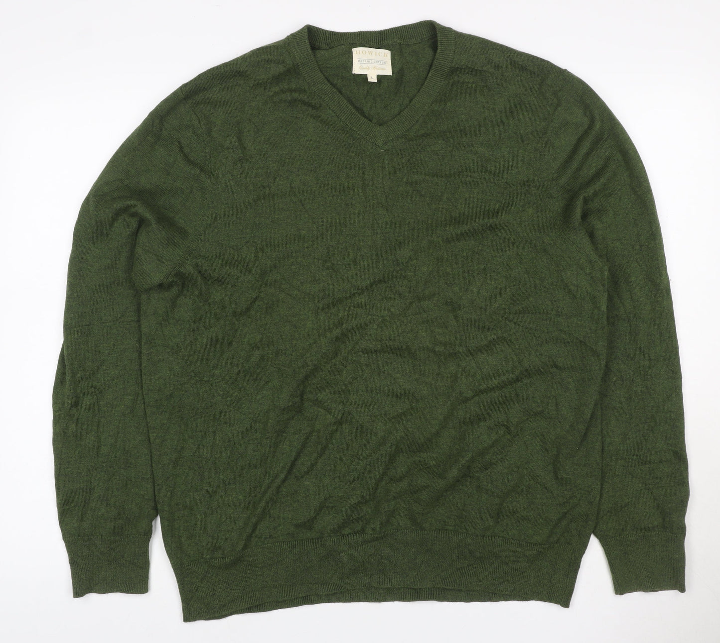 Howick Men’s Green L V-Neck Organic Cotton Knit Pullover Jumper