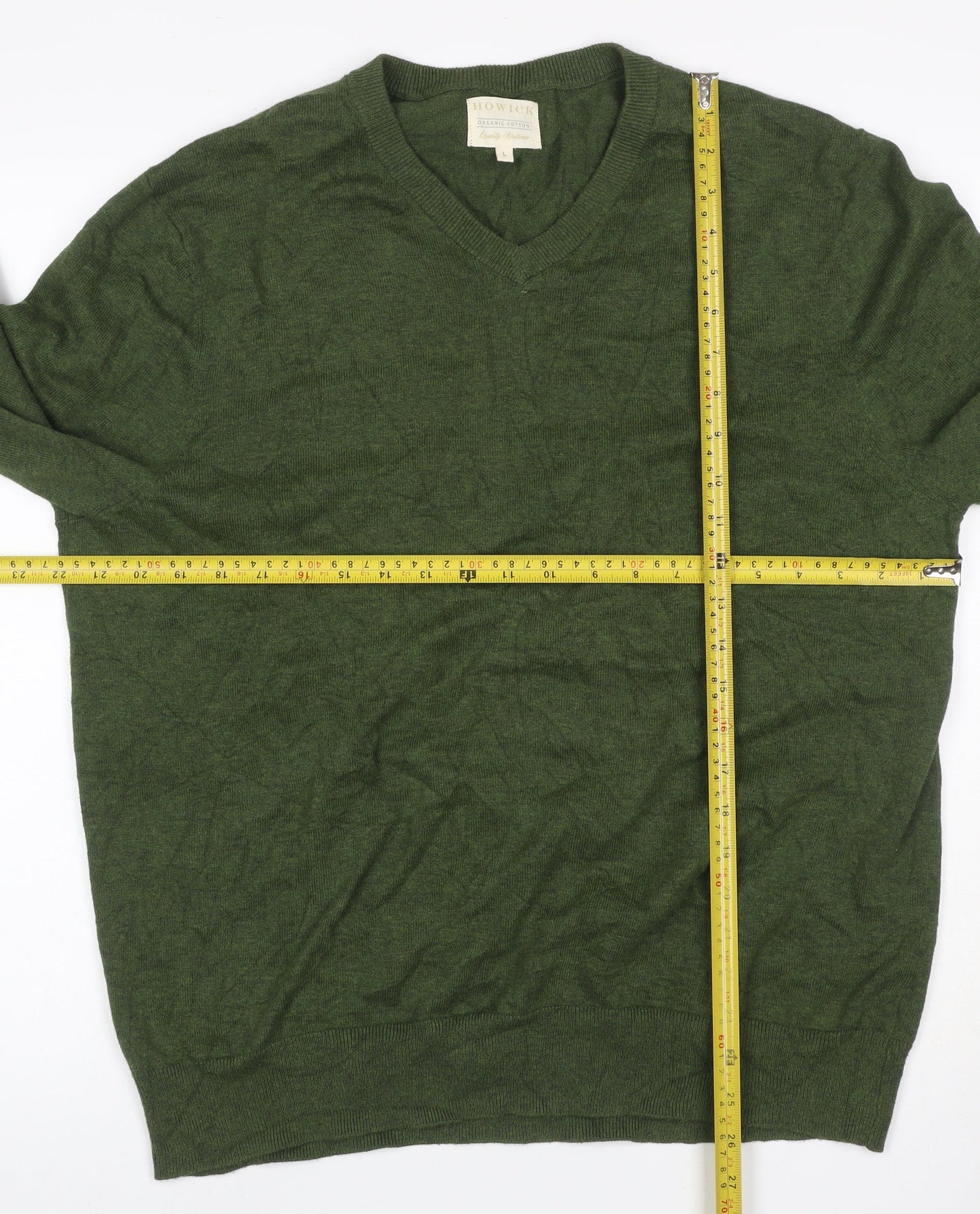 Howick Men’s Green L V-Neck Organic Cotton Knit Pullover Jumper