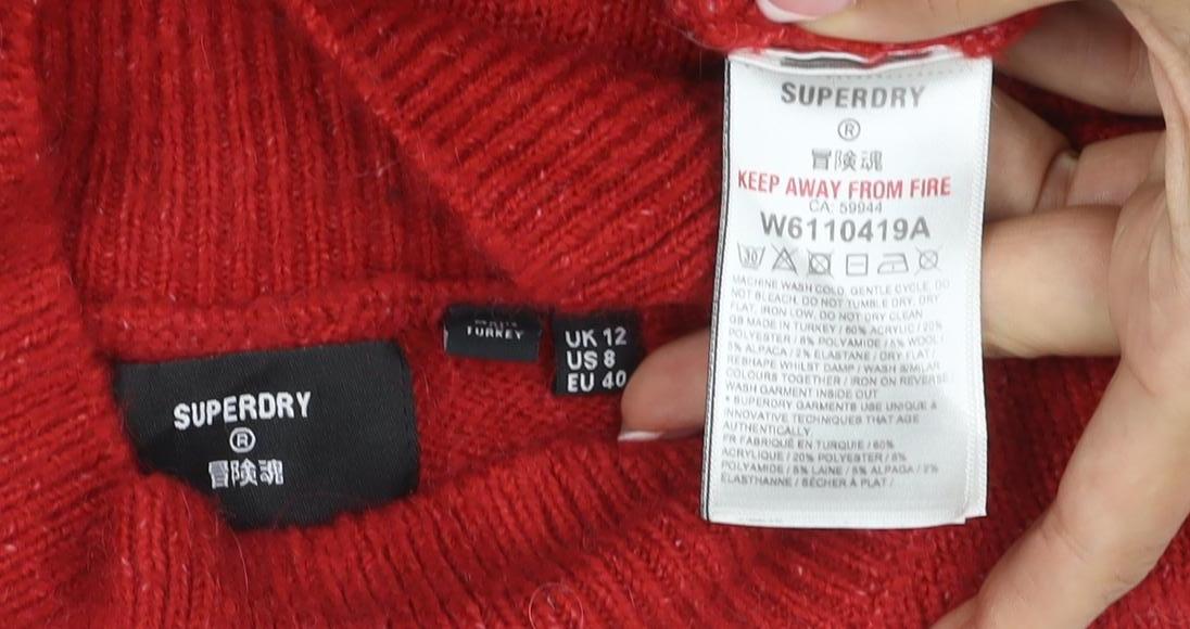 Superdry Women’s Red UK 12 Roll Neck Wool Blend Knit Jumper