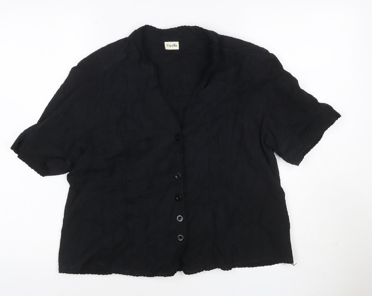 Viyella Women Black UK 16 V-Neck Short Sleeve Button-Up Cotton Blouse