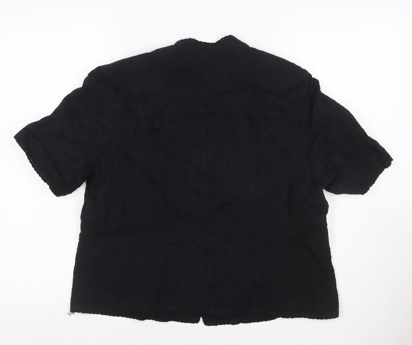 Viyella Women Black UK 16 V-Neck Short Sleeve Button-Up Cotton Blouse