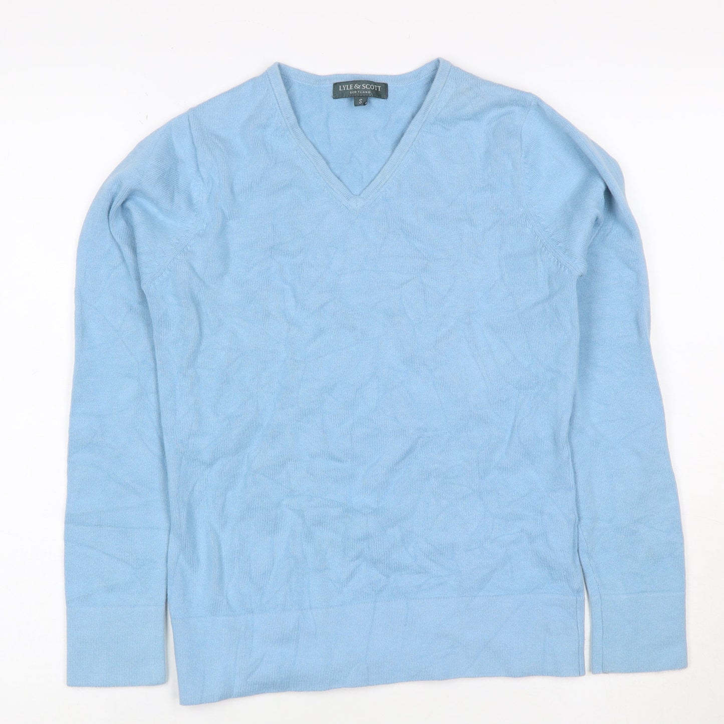Lyle & Scott Women Blue S V-Neck Cotton Knit Pullover Jumper