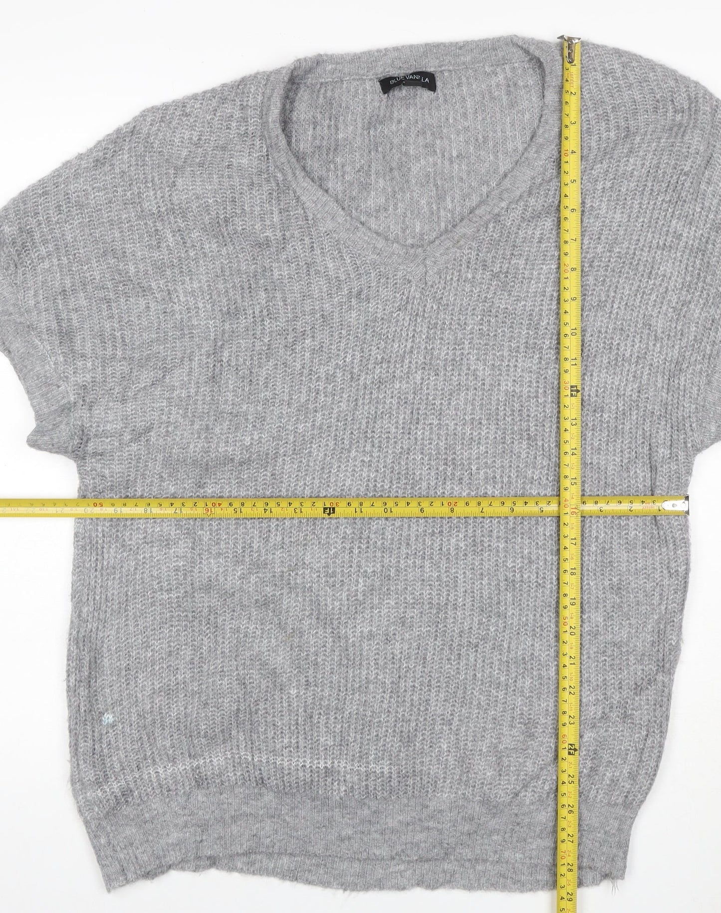 Blue Vanilla Women Grey S/M V-Neck Short Sleeve Knit Jumper