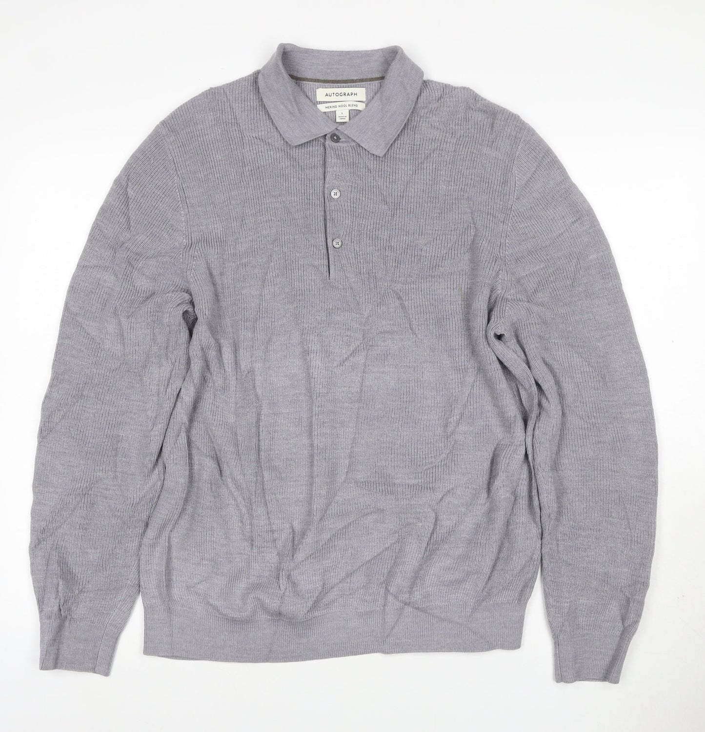 Autograph Men Grey L Merino Wool Blend Collared Henley Jumper
