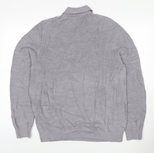 Autograph Men Grey L Merino Wool Blend Collared Henley Jumper