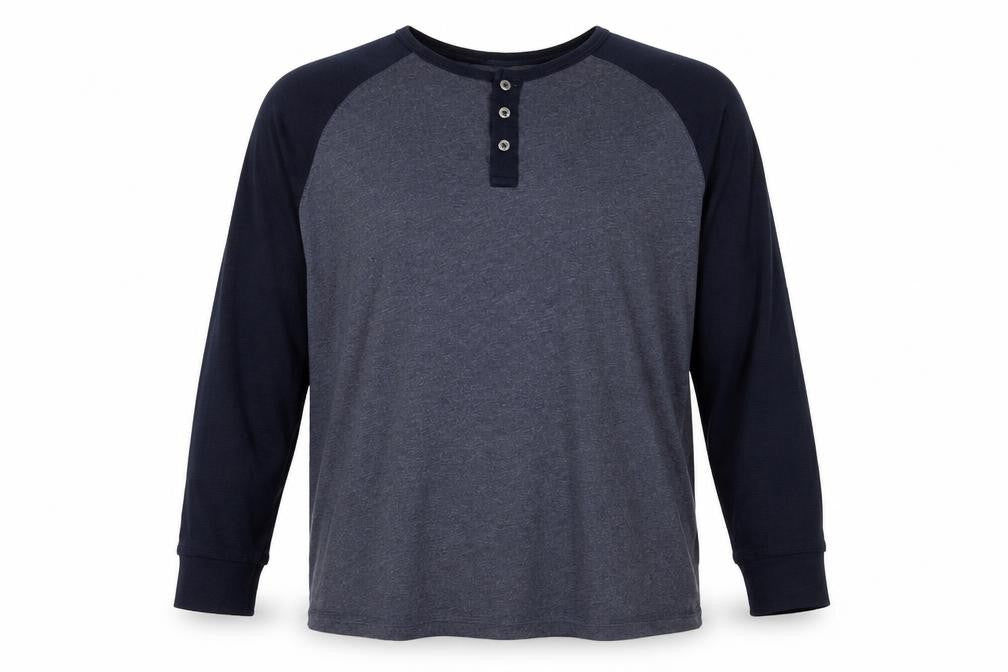 Easy Men’s XXL Grey Navy Colourblock Henley Long Sleeve T-Shirt