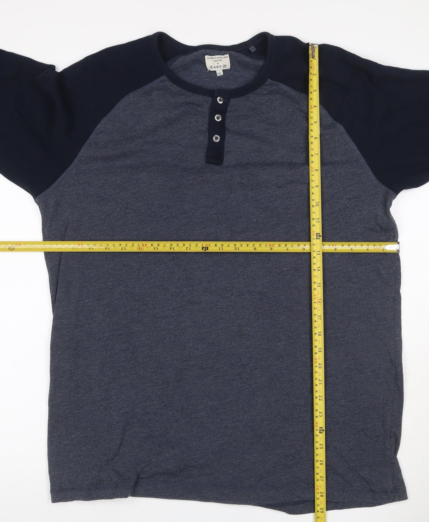 Easy Men’s XXL Grey Navy Colourblock Henley Long Sleeve T-Shirt