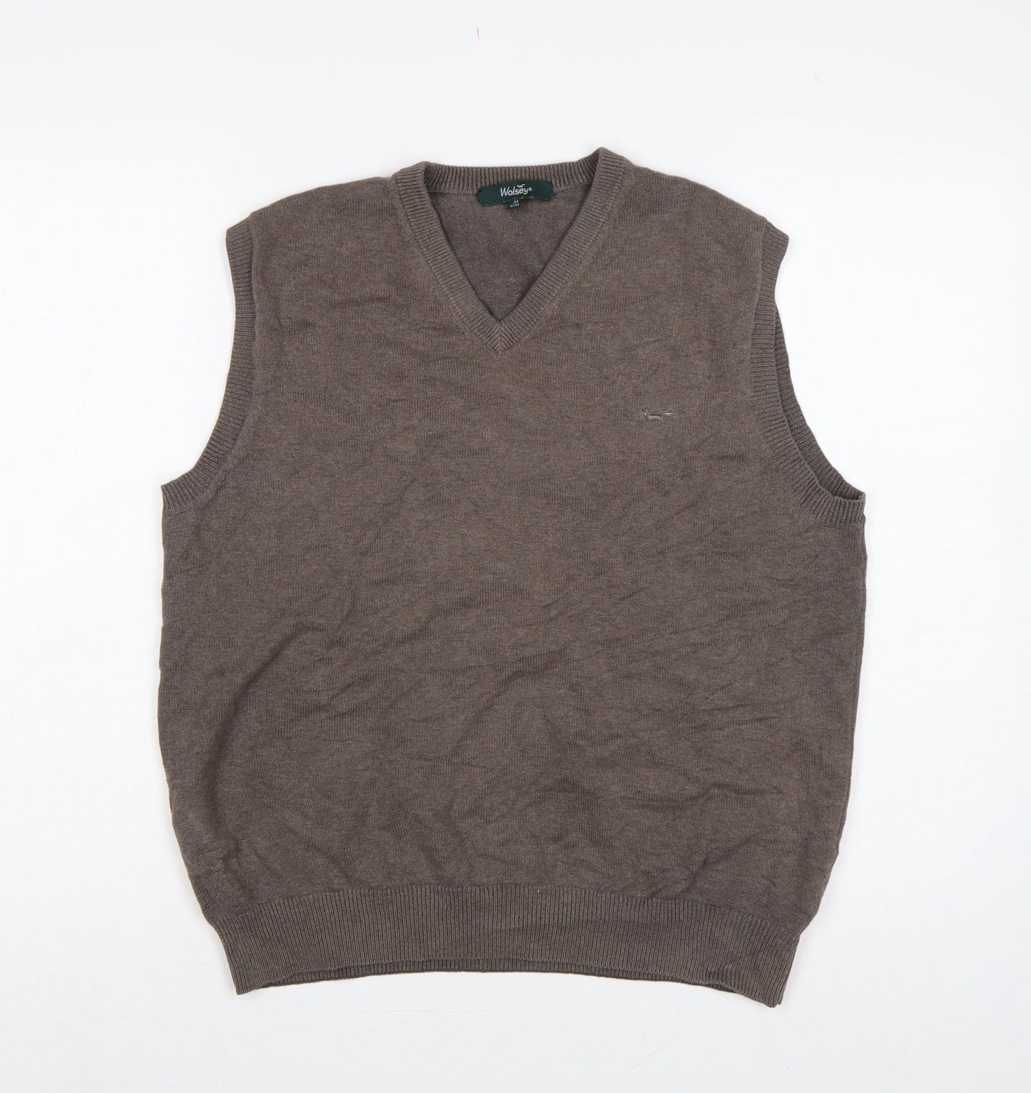 Wolsey Men's Brown M Cotton V-Neck Knit Sleeveless Jumper Vest Logo