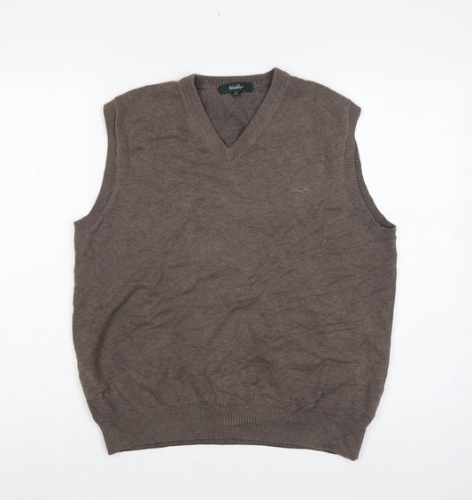 Wolsey Men's Brown M Cotton V-Neck Knit Sleeveless Jumper Vest Logo