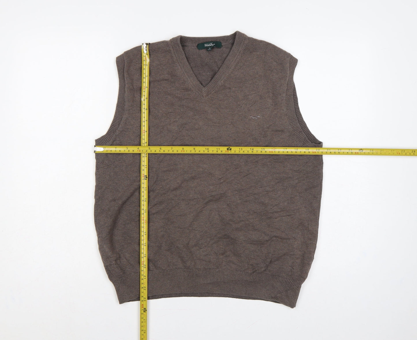 Wolsey Men's Brown M Cotton V-Neck Knit Sleeveless Jumper Vest Logo