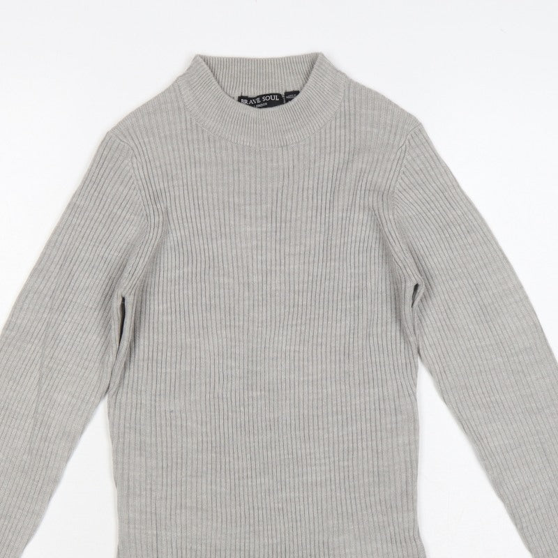Brave Soul Women Grey M Ribbed High Neck Slim Fit Pullover Jumper