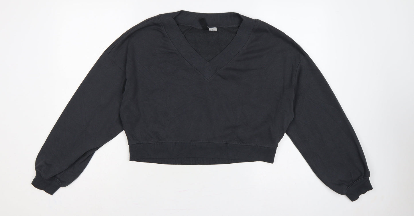 H&M Divided Women Black XS Cropped V-Neck Balloon Sleeve Sweatshirt