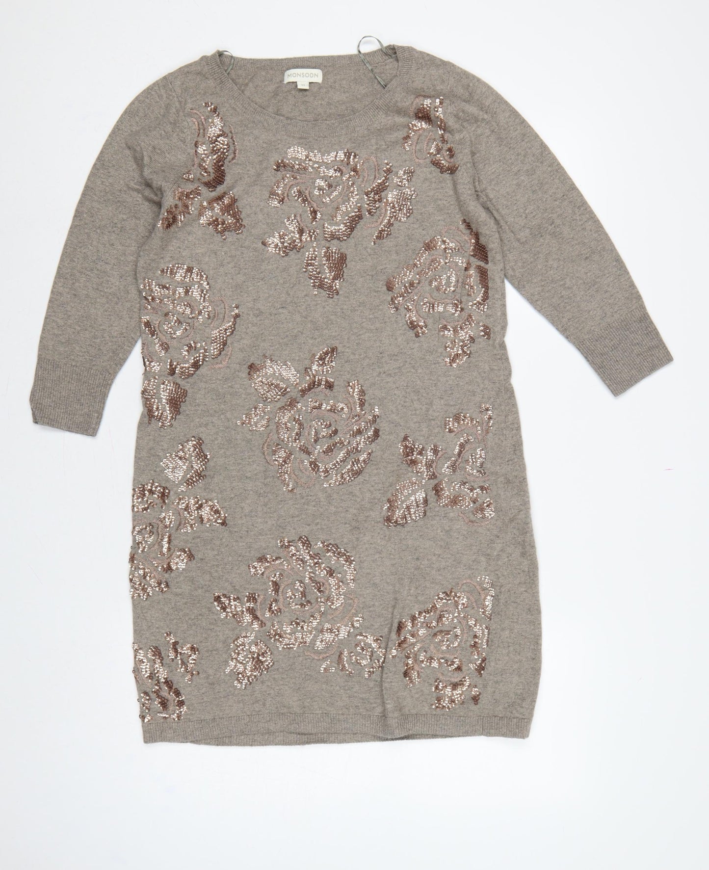 Monsoon Women Grey M Jumper Dress Floral Beaded Knit Long Sleeve