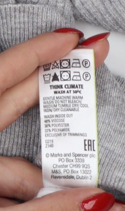 Marks and Spencer Women Grey Size 12 Rib Knit V-Neck Cardigan