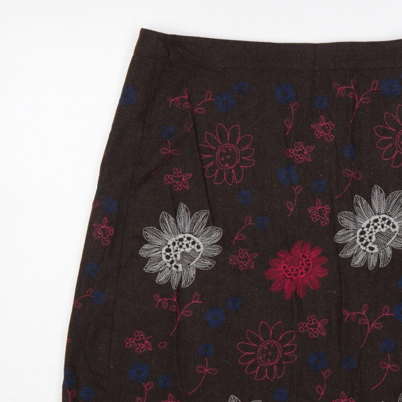 White Stuff Women Brown UK 14 Floral Embroidered A-Line Mini Skirt