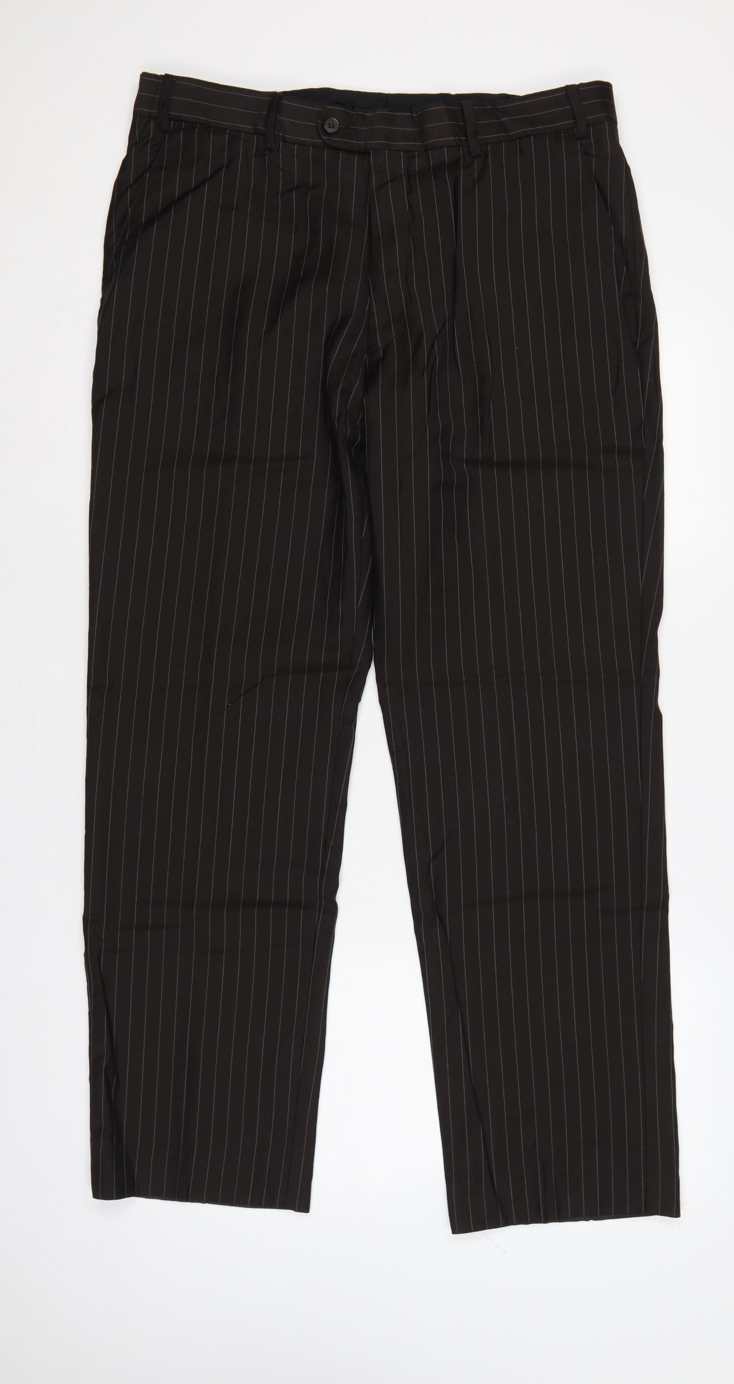Jeff Banks Men’s Black Pinstripe Wool Pleated Dress Trousers 36 Regular