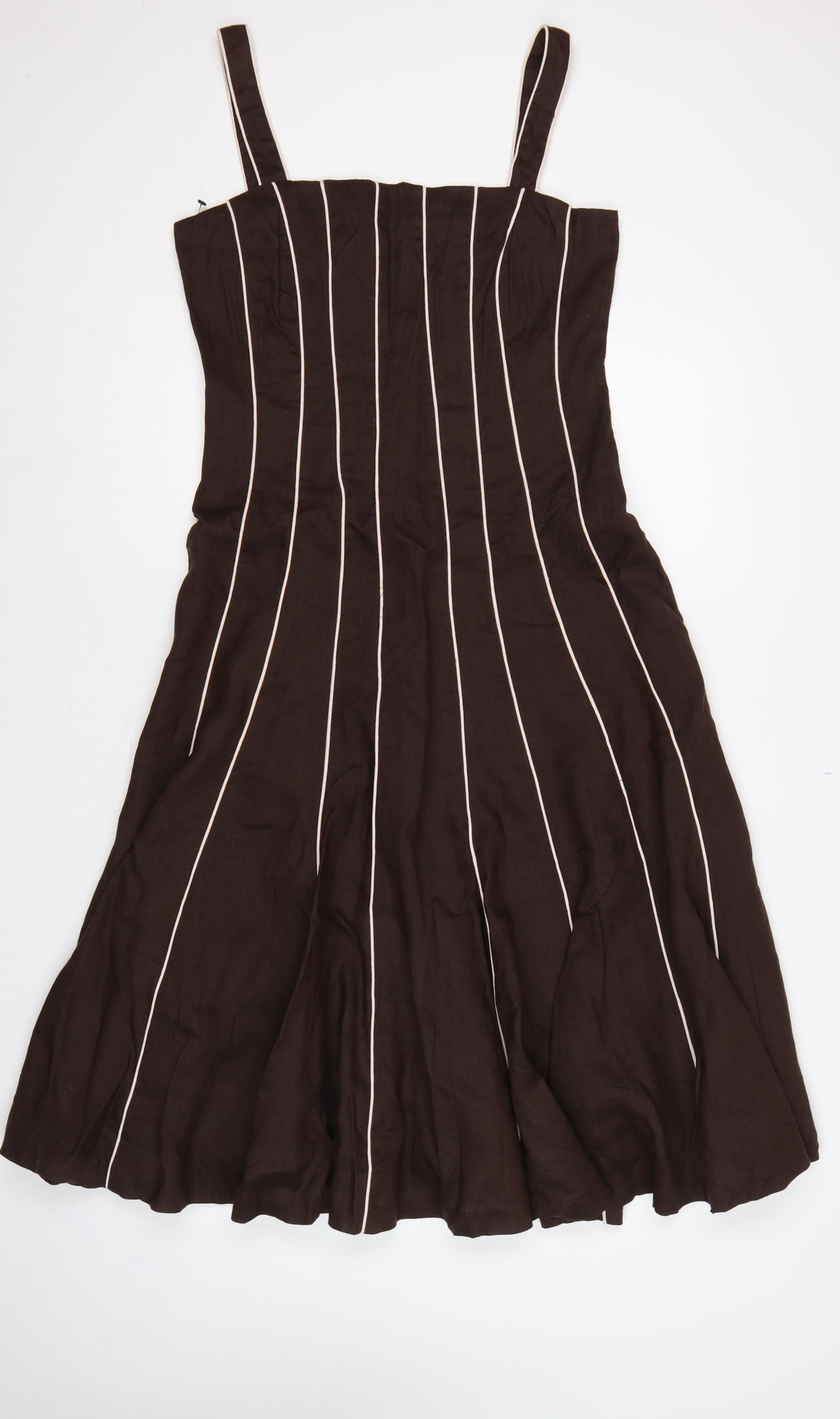 Fenn Wright Manson Women Brown Linen Stripe Fit & Flare Long Dress UK 12