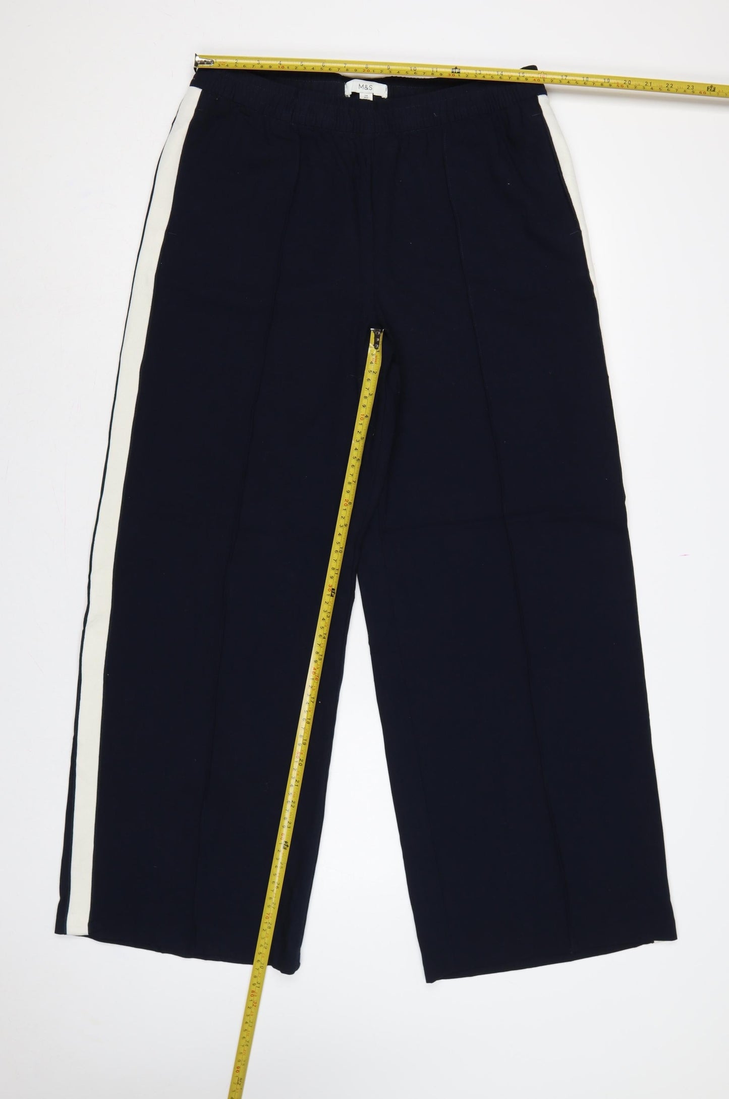 M&S Womens Blue UK 14 Wide Leg Elastic Waist Stripe Trousers
