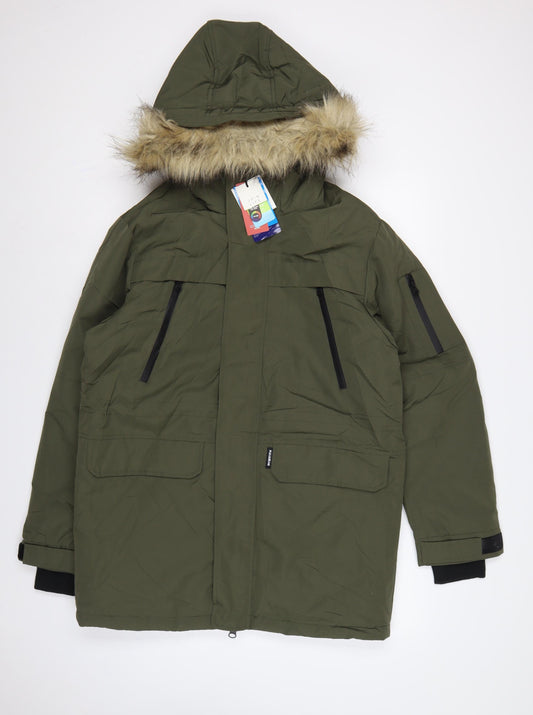 Pull&Bear Men’s Green S Hooded Faux Fur Trim Insulated Parka Coat