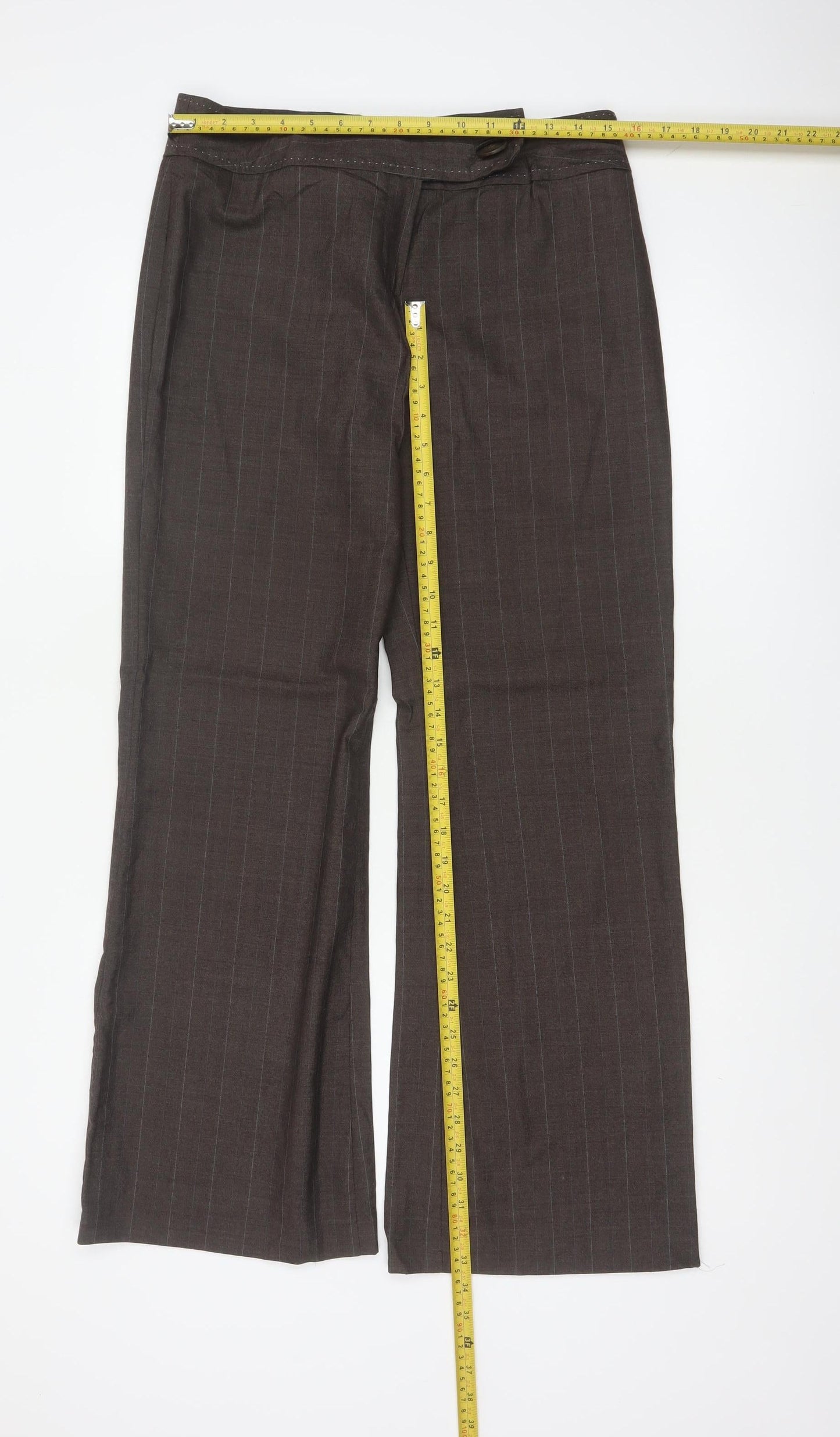 Next Women’s Brown Pure Wool Pinstripe Flared Dress Trousers UK 12 Petite