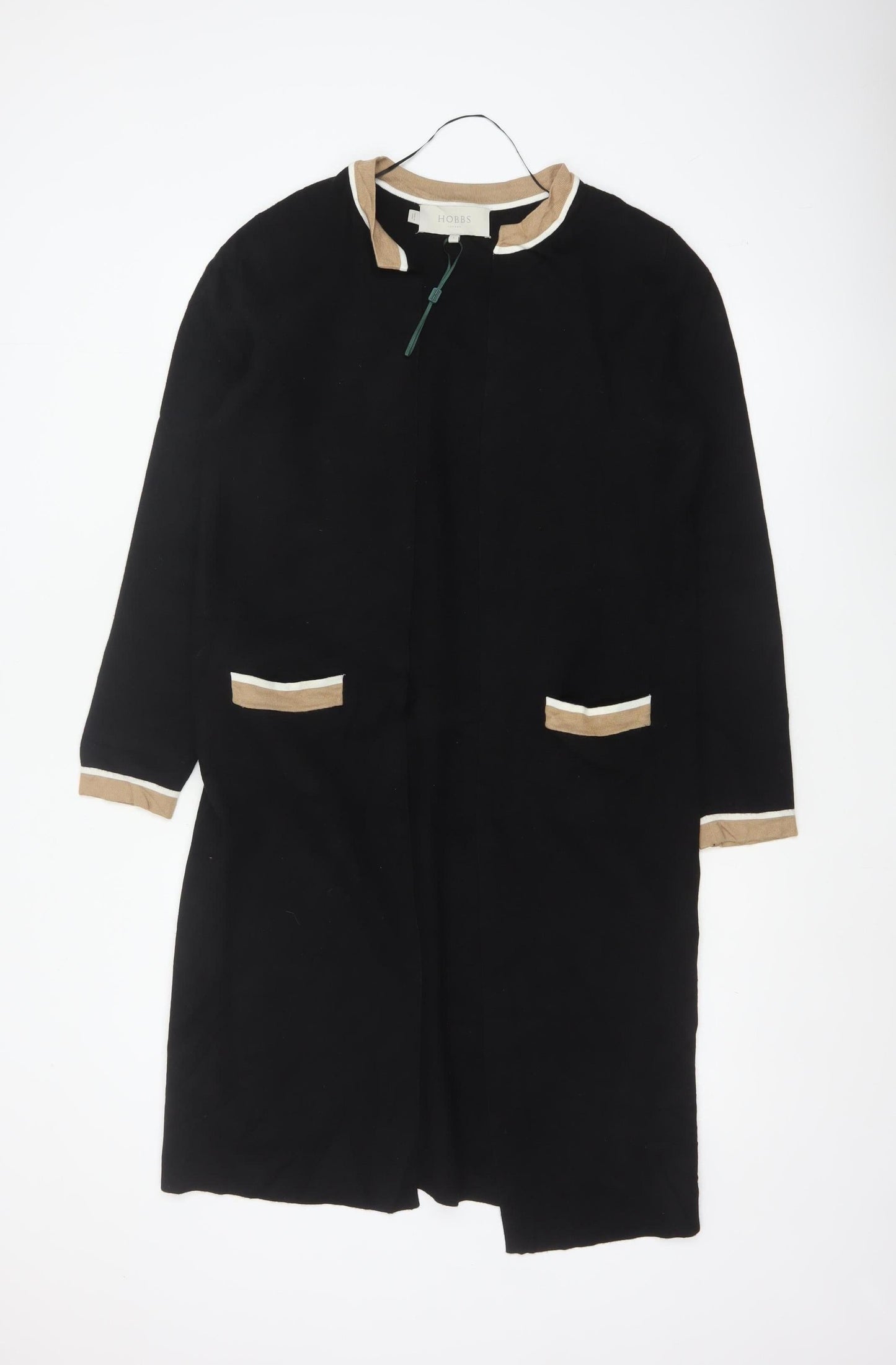 Hobbs Women Black S Long Open Knit Cardigan Collared Pocket Contrast Trim