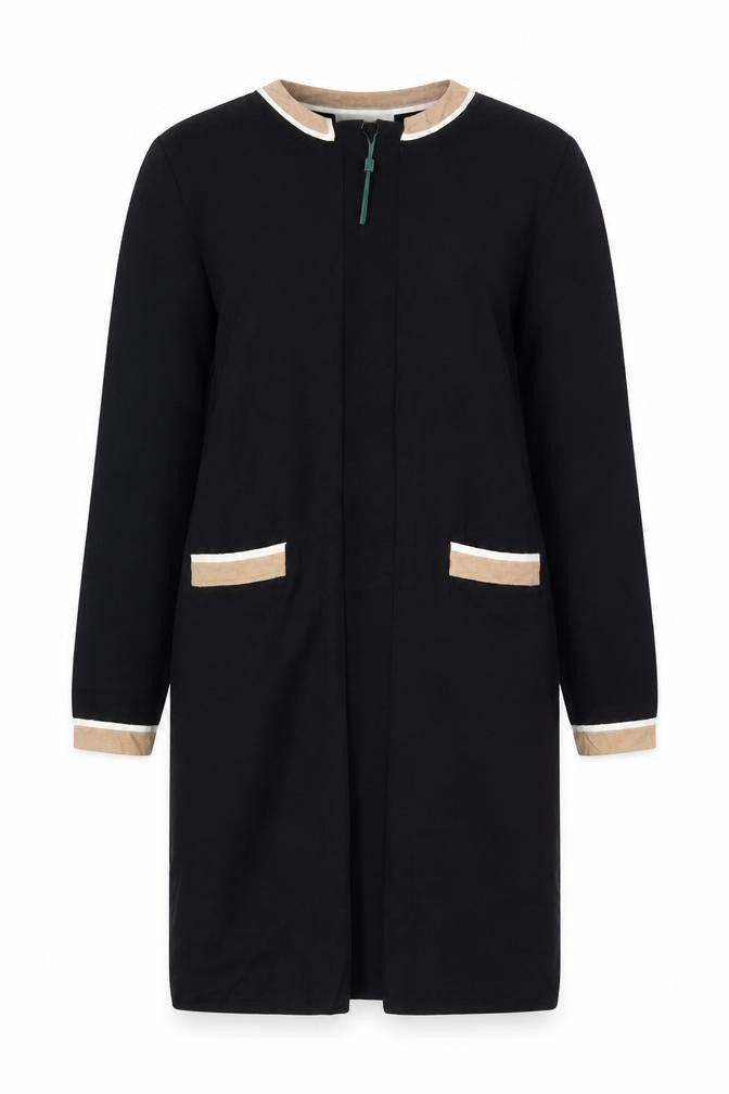 Hobbs Women Black S Long Open Knit Cardigan Collared Pocket Contrast Trim