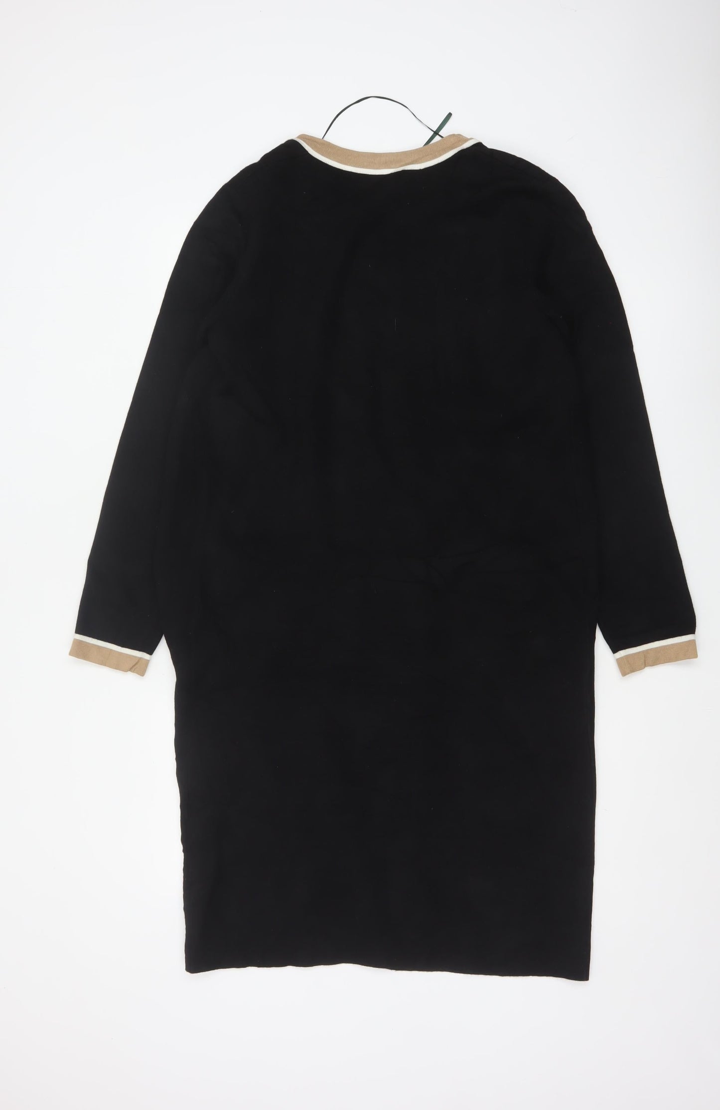 Hobbs Women Black S Long Open Knit Cardigan Collared Pocket Contrast Trim