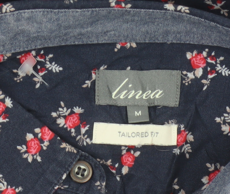 linea Women’s Blue Floral Cotton Tailored Fit Button-Up Shirt M