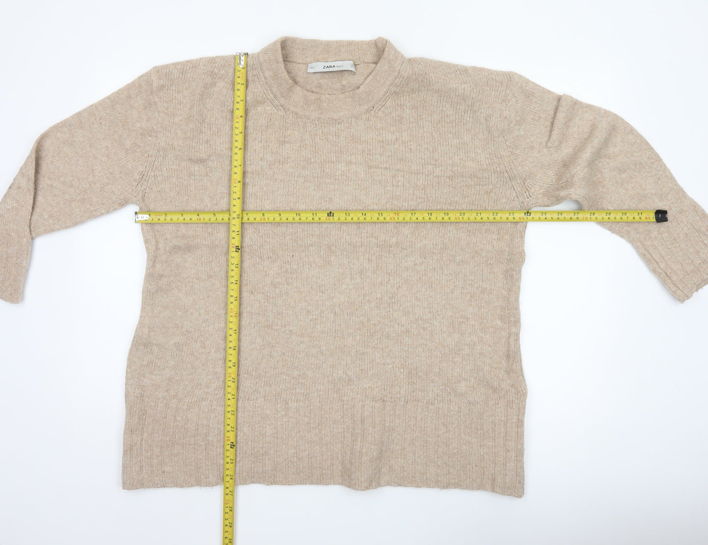Zara Women Beige M Knit Relaxed Raglan Sleeve Pullover Jumper