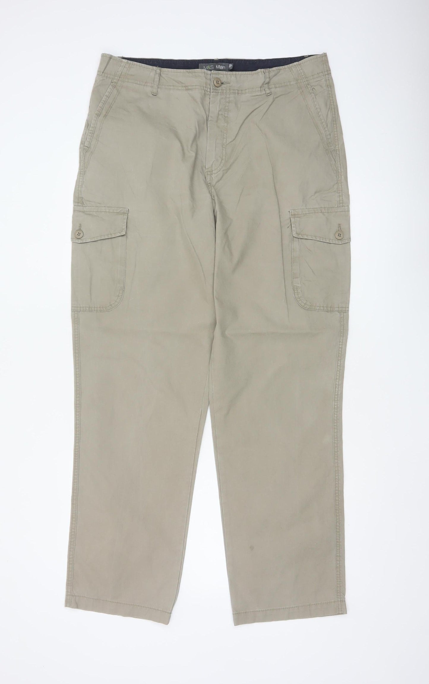 Marks and Spencer Men's Beige 36W 33L Cotton Cargo Trousers Straight