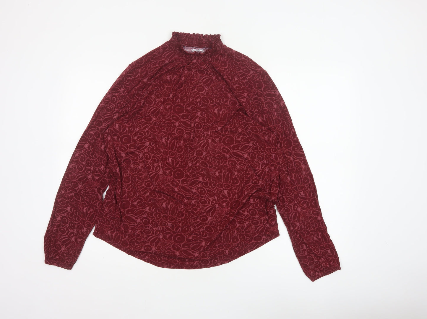 Lands' End Women Red L Floral High Neck Long Sleeve Stretch Blouse