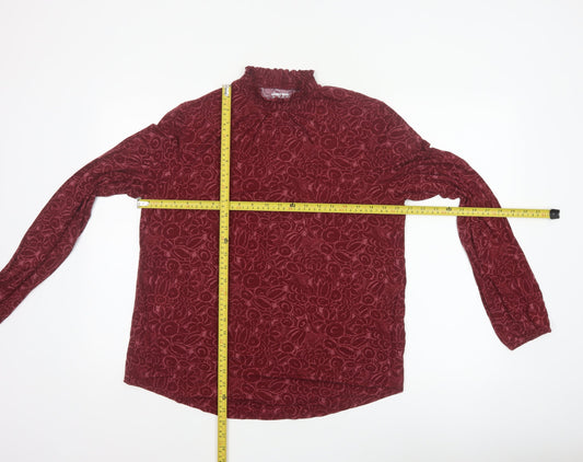 Lands' End Women Red L Floral High Neck Long Sleeve Stretch Blouse