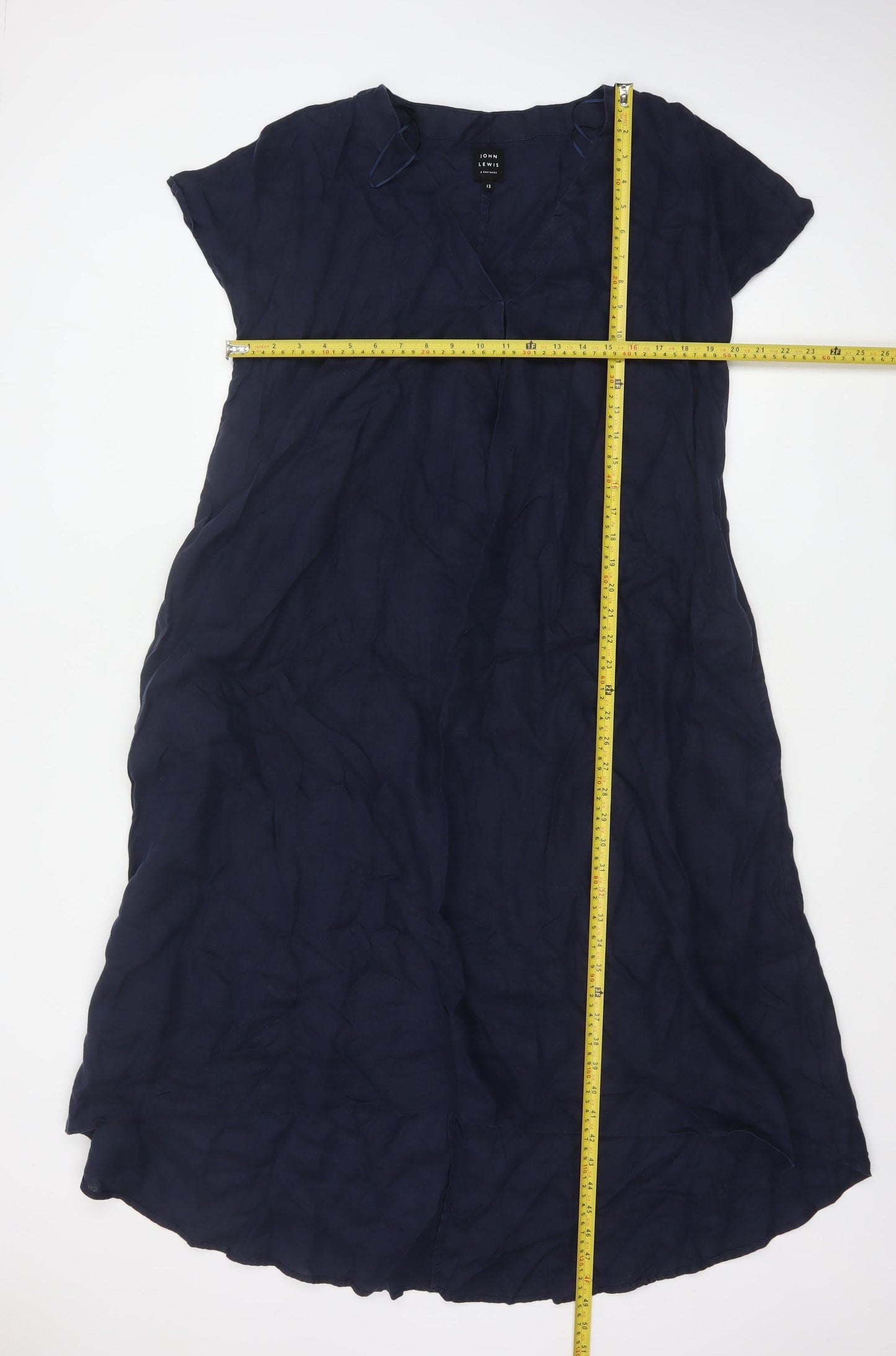 John Lewis Women Blue Linen Size 12 A-Line Long V-Neck Dress