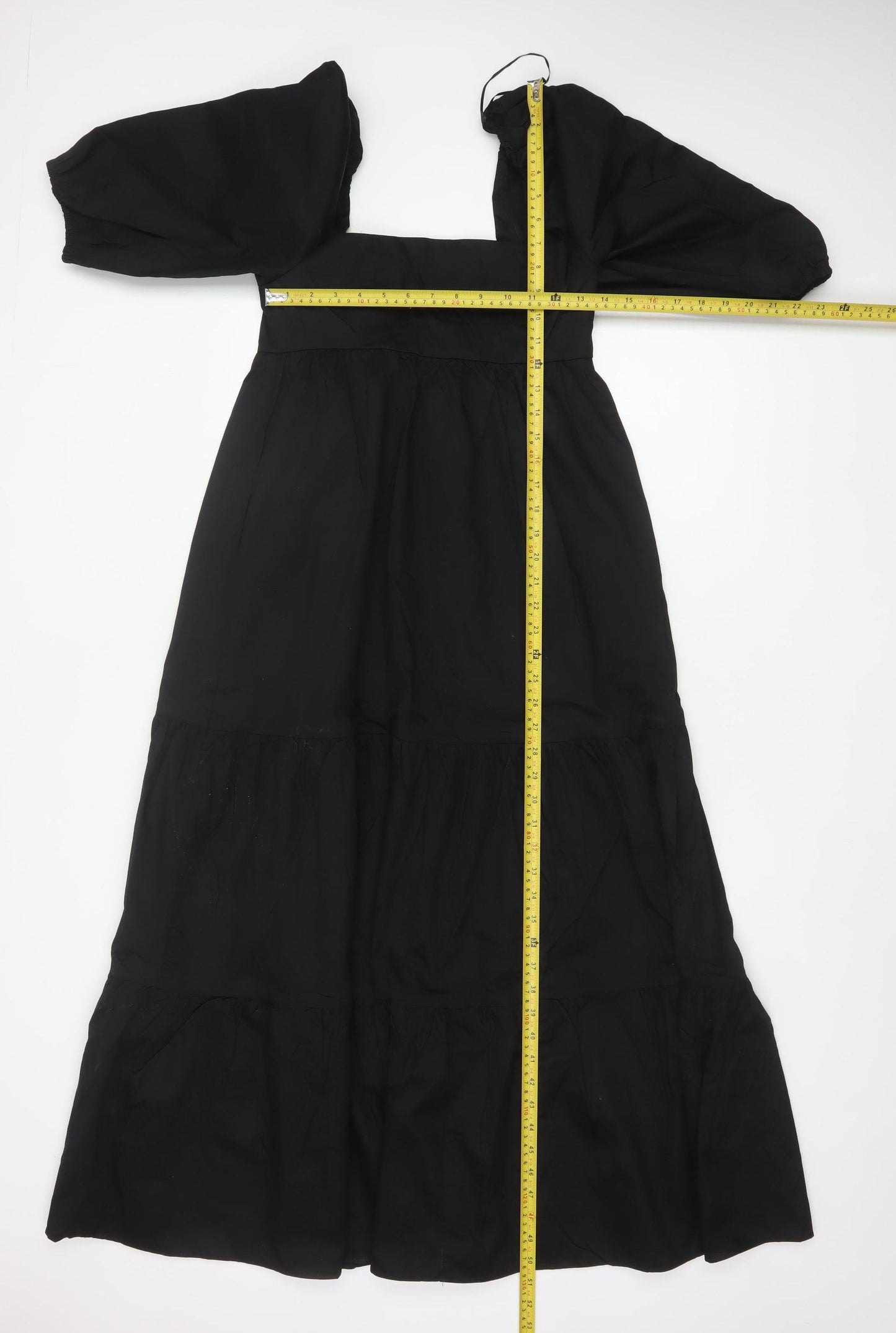Zara Women Black XS Maxi Dress Square Neck Puff Sleeve Tiered Cotton