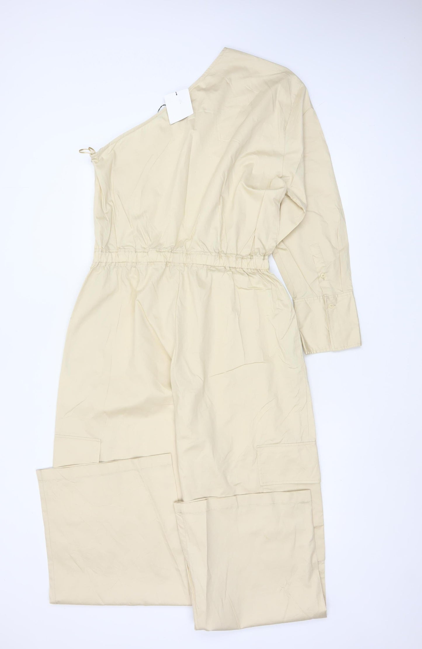 Zara Women Beige UK 14 One Shoulder Cotton Wide Leg Utility Jumpsuit