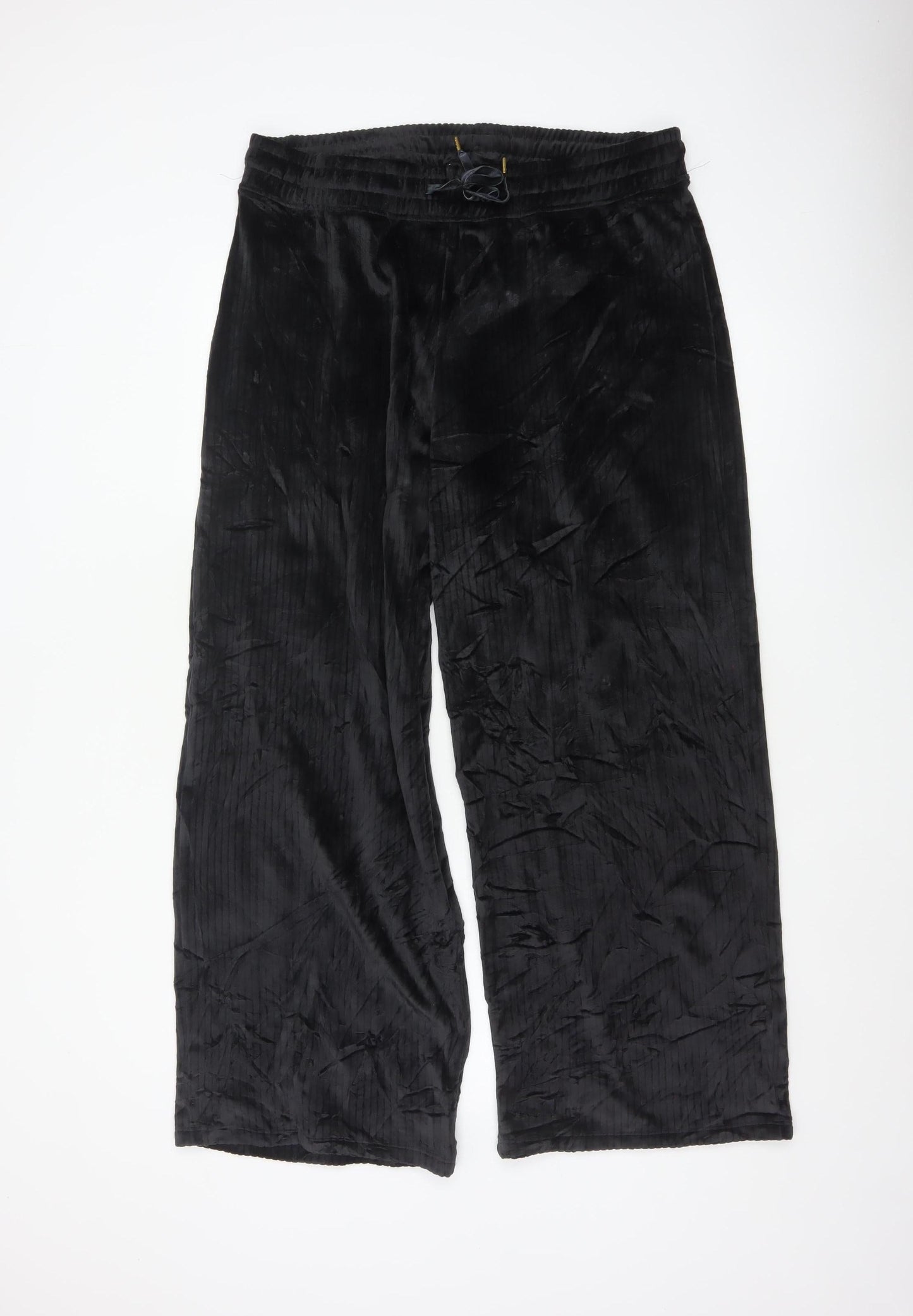 Marks and Spencer Women Black L Wide-Leg Velvet Drawstring Trousers