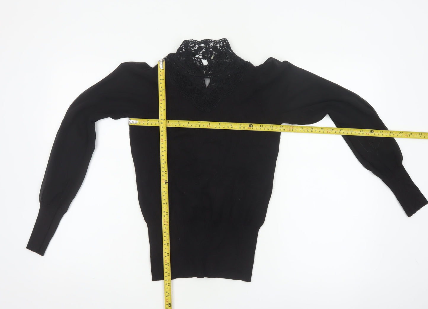 Oasis Women Black XS Lace High Neck Balloon Sleeve Knit Jumper