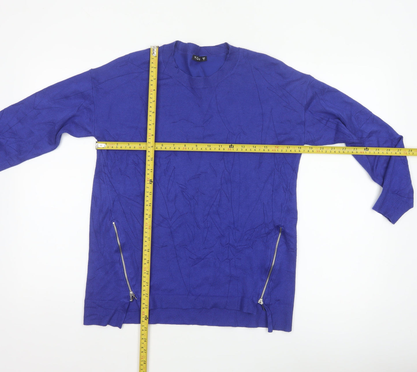 Dunnes Women Blue S Fine Knit Crew Neck Zip Hem Jumper