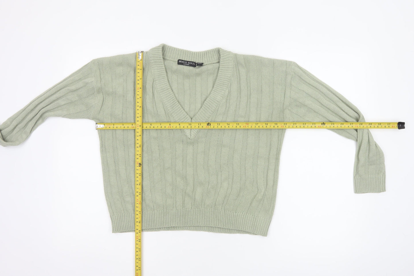 Brave Soul Women Green Size 8 V-Neck Cable Knit Pullover Jumper
