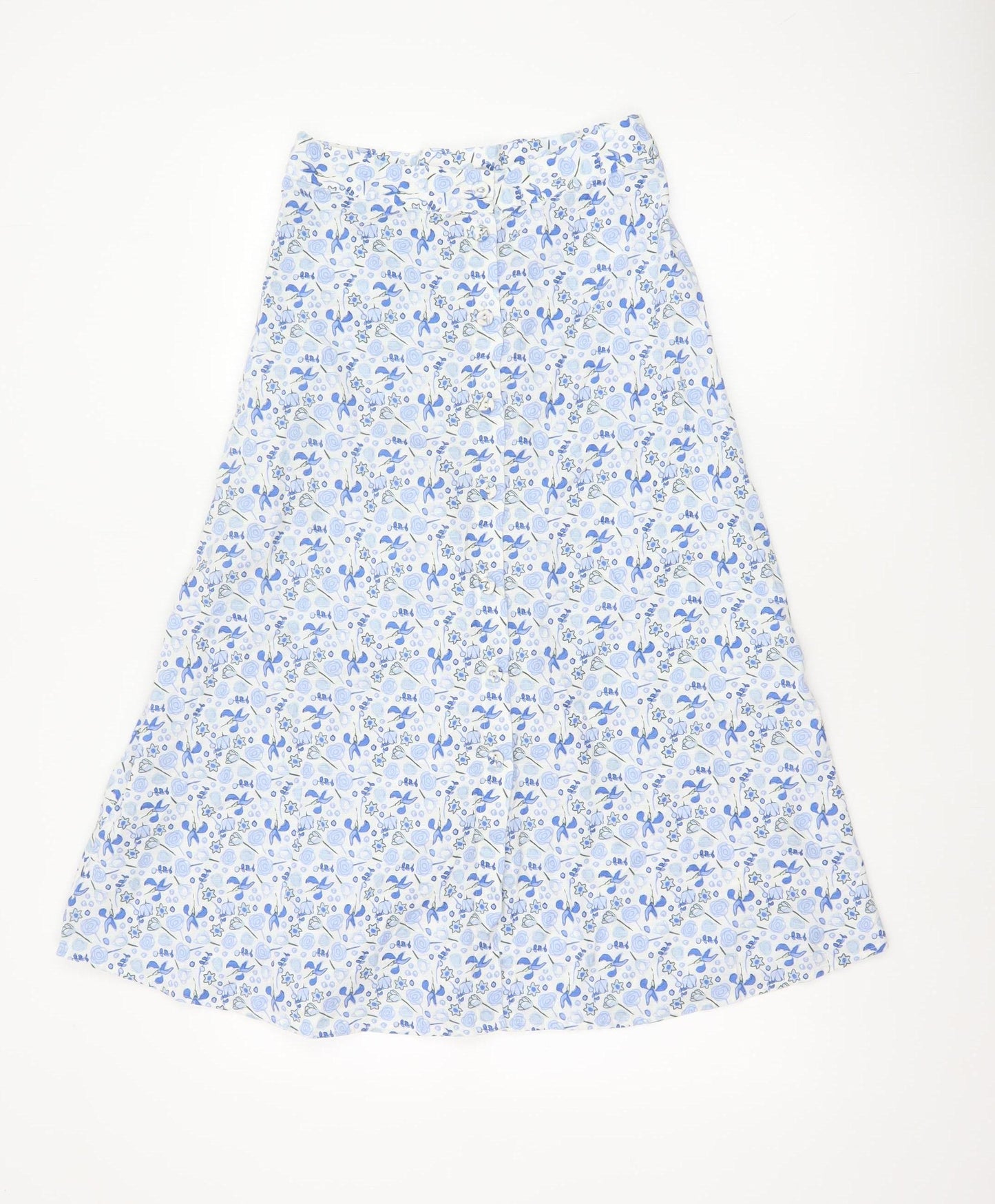 M&S Women Blue Floral Cotton A-Line Midi Skirt Size 8