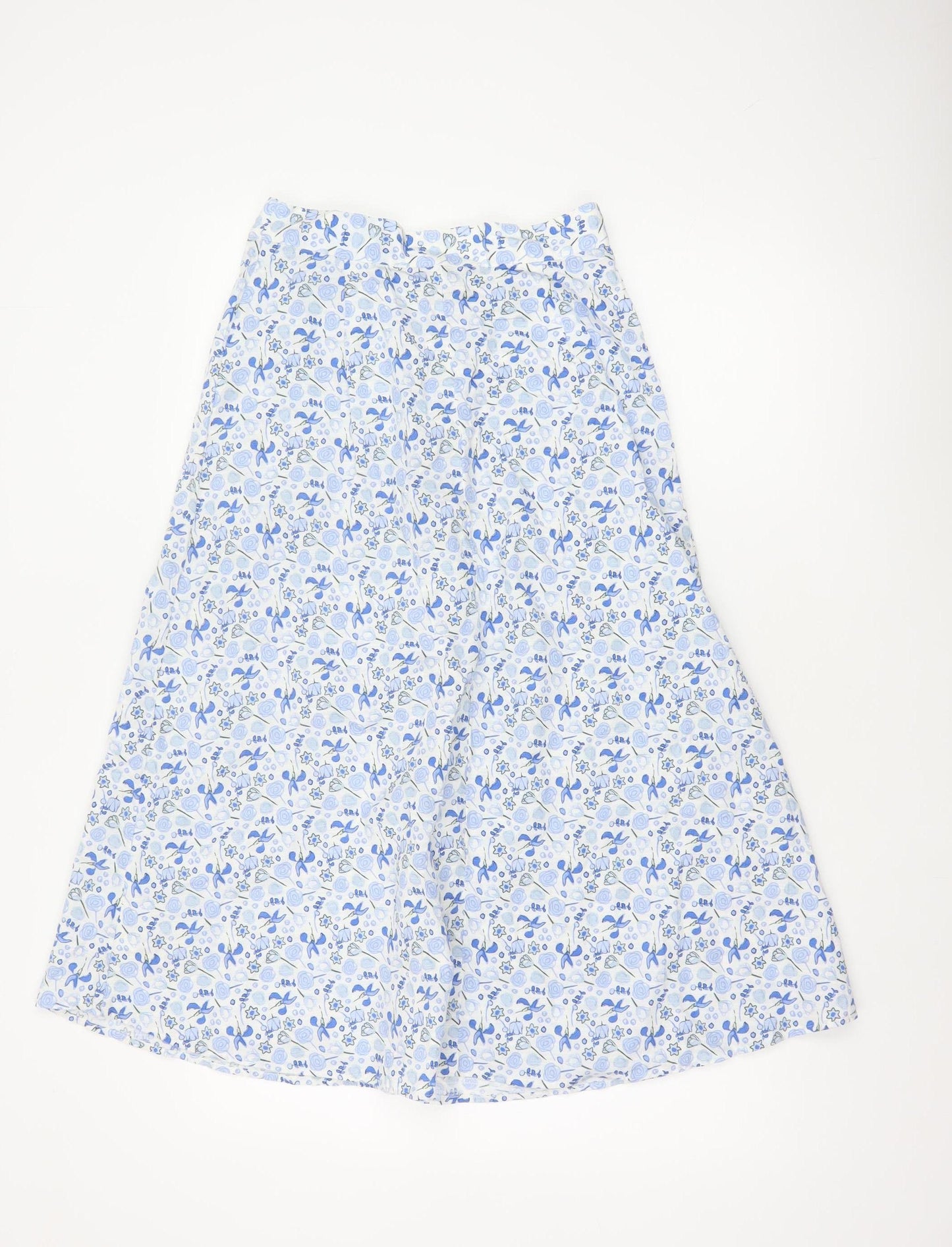 M&S Women Blue Floral Cotton A-Line Midi Skirt Size 8