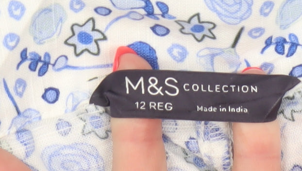 M&S Women Blue Floral Cotton Midi A-Line Button Skirt UK 12
