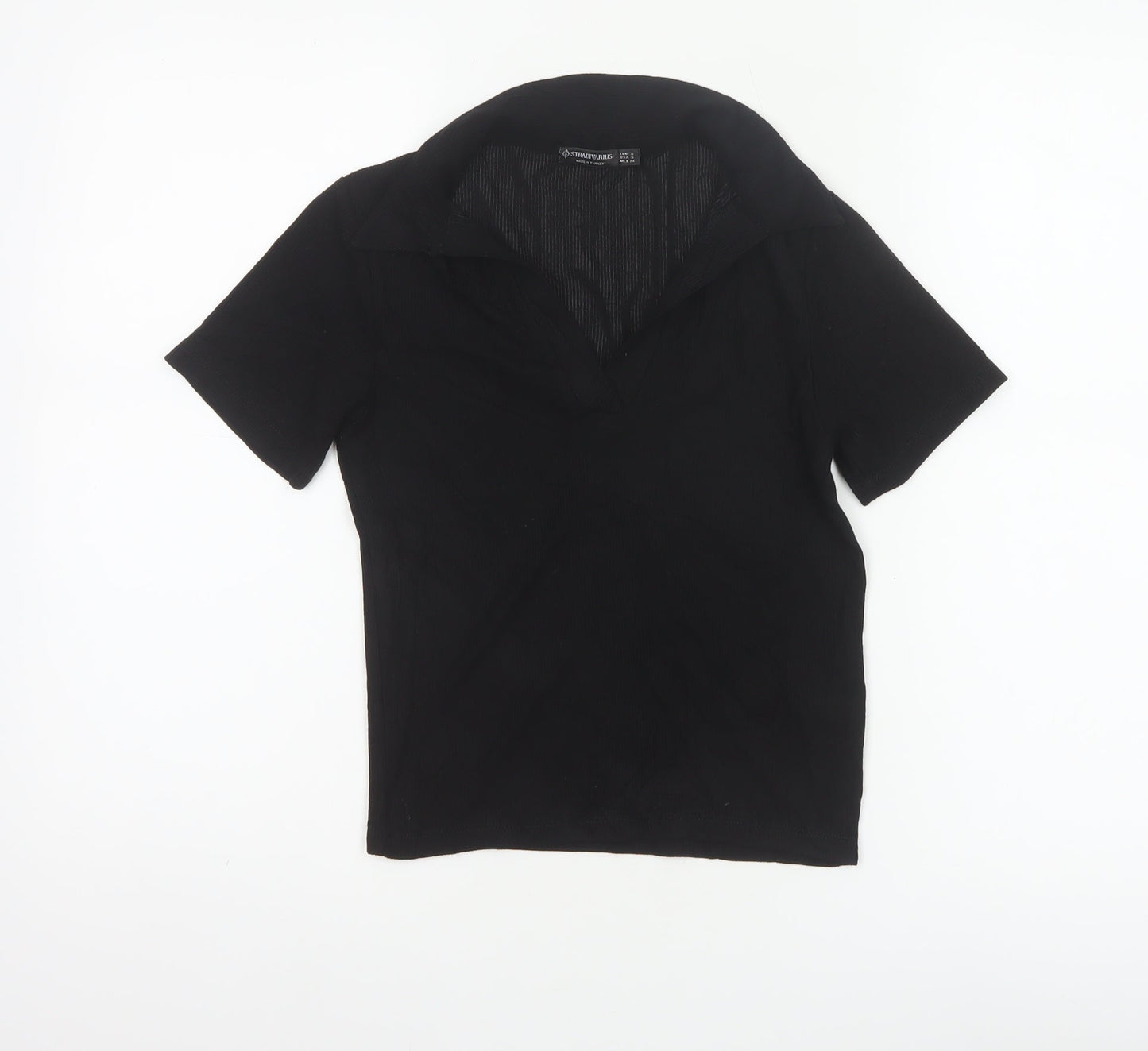Stradivarius Women Black S Ribbed Collared Short Sleeve Polo Top