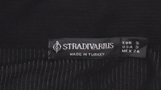 Stradivarius Women Black S Ribbed Collared Short Sleeve Polo Top