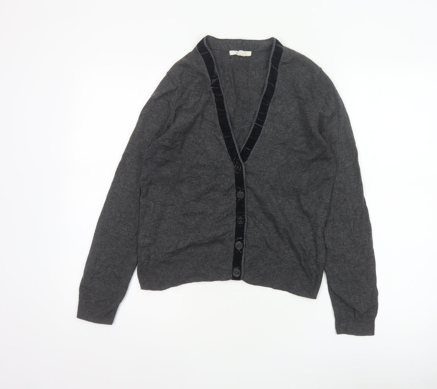 White Stuff Women's Grey UK 12 Merino Cotton V-Neck Velvet Trim Cardigan