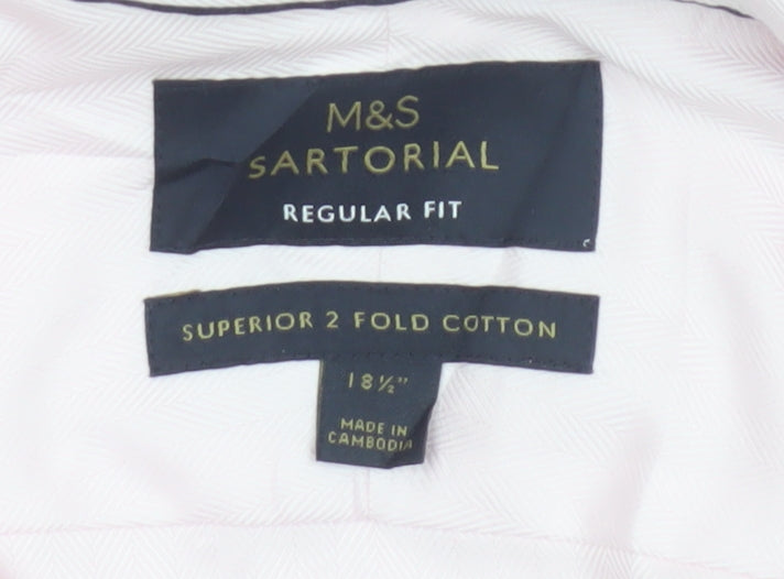 Marks & Spencer Men Pink 18.5 Regular Fit Herringbone Cotton Shirt